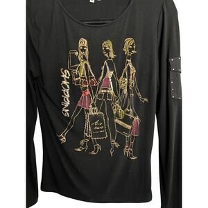 Cache Black Embellished Long Sleeve Tee T Shirt Top SHOPPING Sequins Stretch M